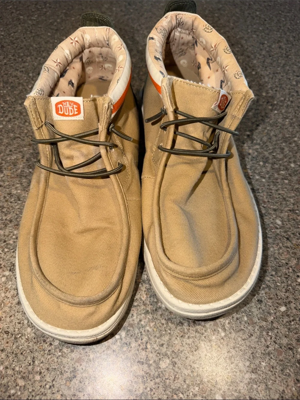 Hey Dude Tan Canvas Chukka Boots with Orange Trim